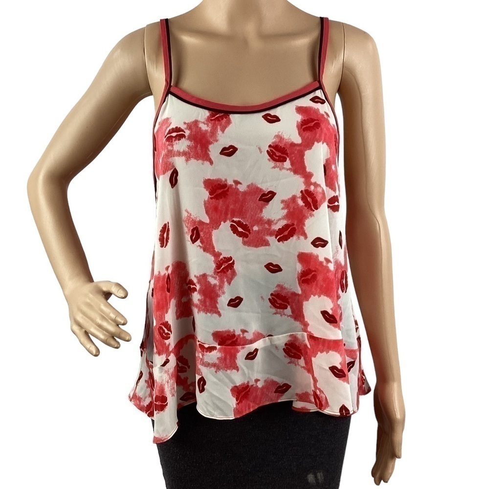 WAYF Lips Print Cami Tank Red White Semi Sheer Date Night Size L